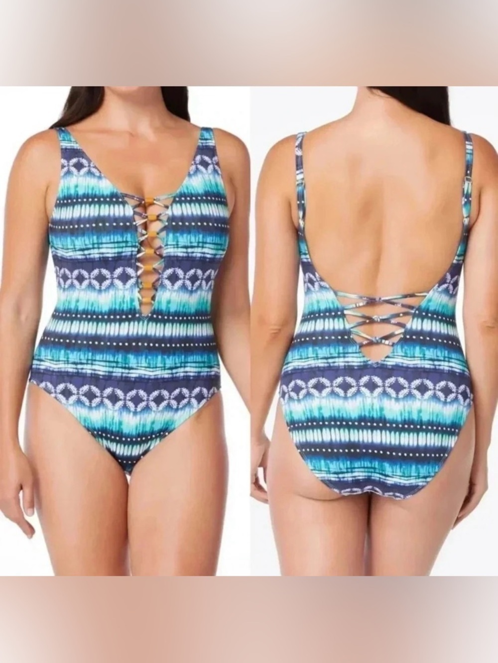 Bleu Rod Beattie Sun, Sea And Sand Lattice Front One Piece Swimsuit Size 8